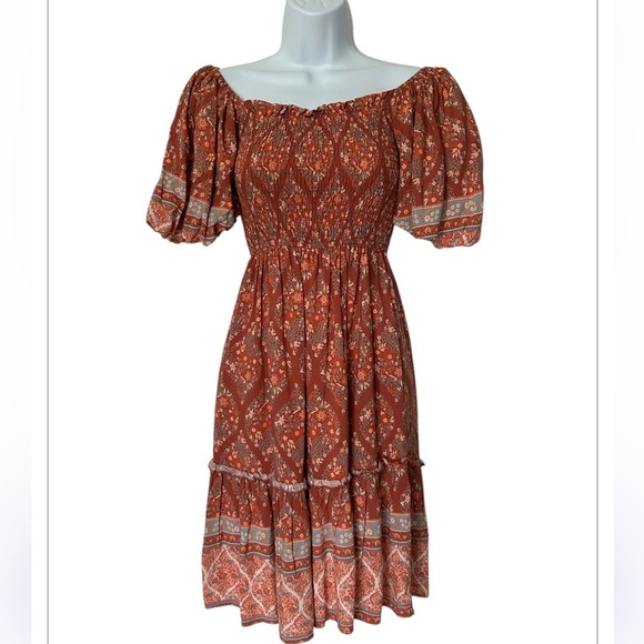 IRIS MAXI smocked midi dress boho prairie puff sleeve off the shoulder  Size XS - Picture 8 of 8